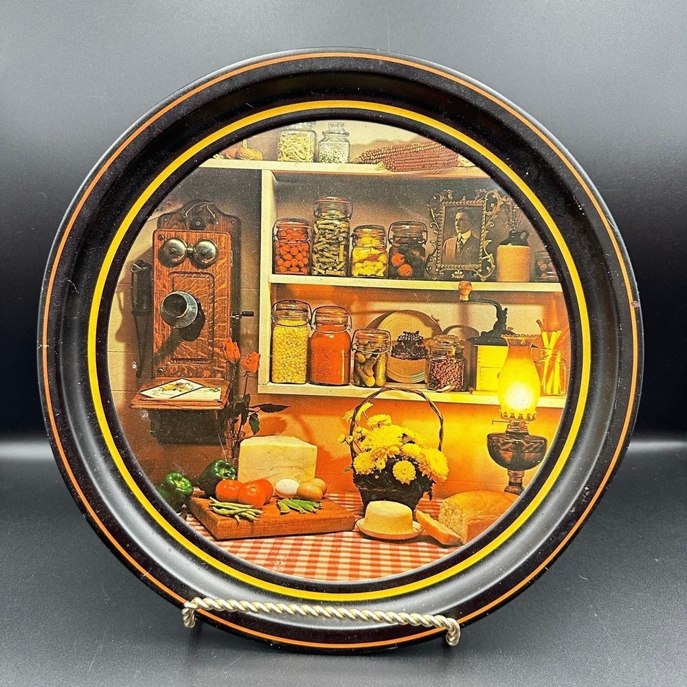 Vintage Tin Serving Tray Black Rustic Kitchen Scene 1970s 12" Farmhouse‎ Decor